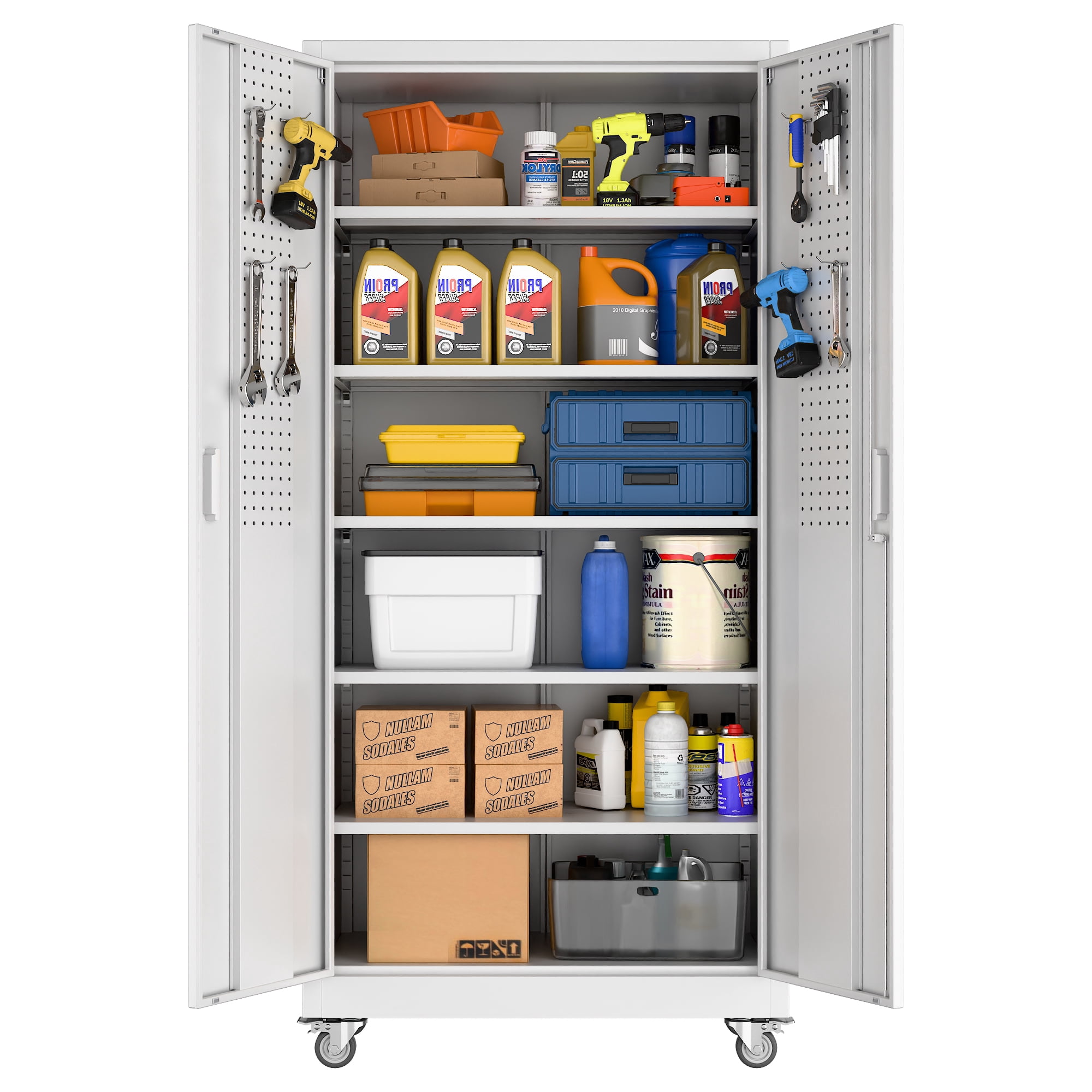Aobabo Metal Garage Storage Cabinet with Wheels, Rolling Tool Storage Cabinet with 5 Adjustable Shelves and Pegboard for Garage Home Office Utility Room,Required Assembly,White 71" H×32" W×16" D