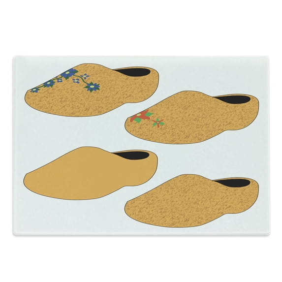 Dutch Cutting Board, Illustration of Floral Ornamented Traditional Wooden Shoes of Netherlands, Decorative Tempered Glass Cutting and Serving Board, in 3 Sizes, by Ambesonne