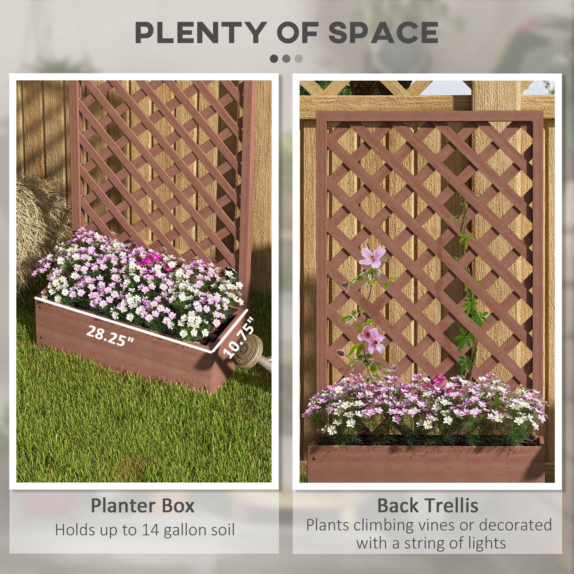 Outsunny Raised Garden Bed w/ Trellis Lattice, Drainage Gap, Freestanding Trellis Planter for Climbing Plants, Vines, Flowers, Light Brown