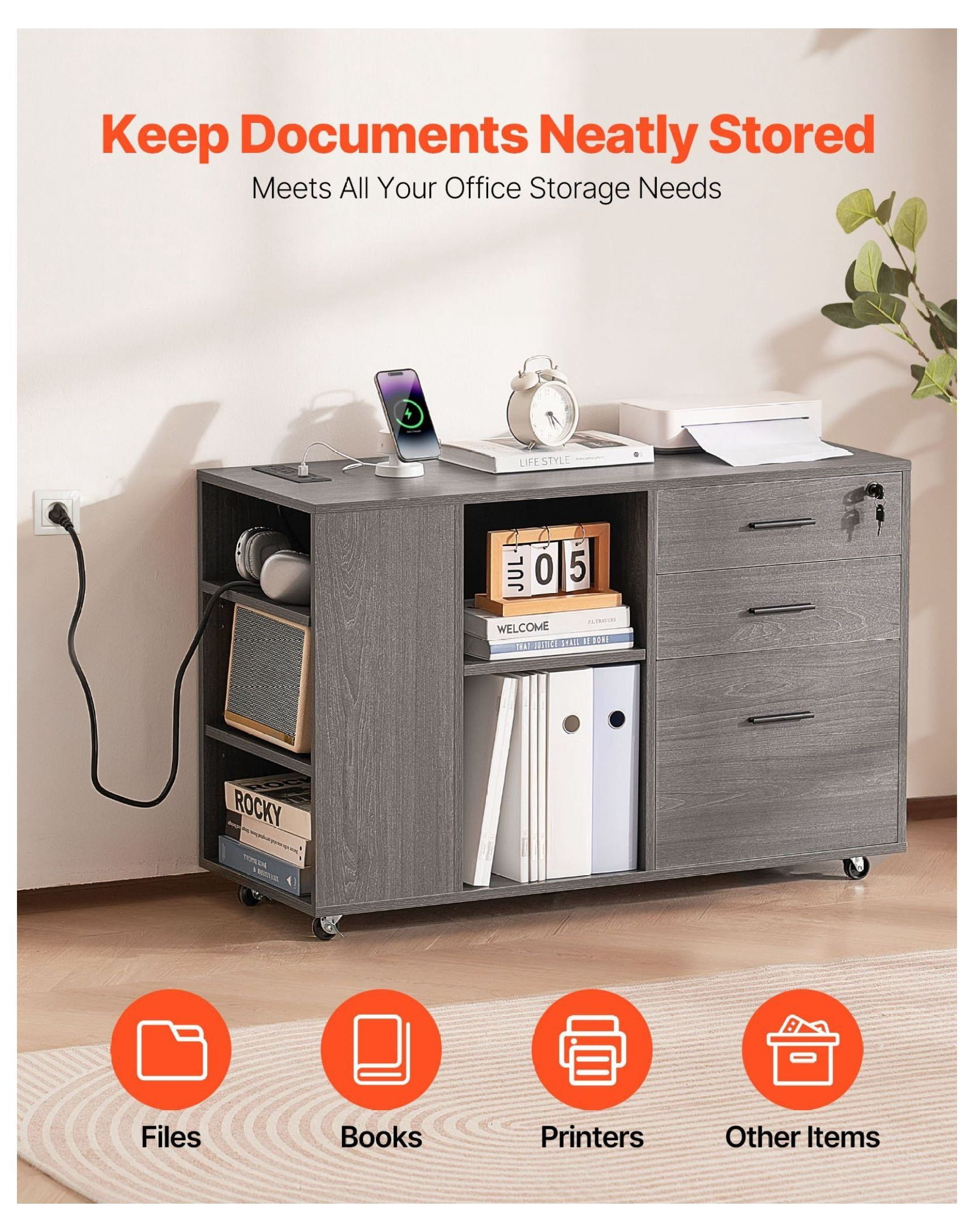 3 Drawer File Cabinet Mobile, Wooden Filing Cabinet with Power Strip - Gray Office Storage