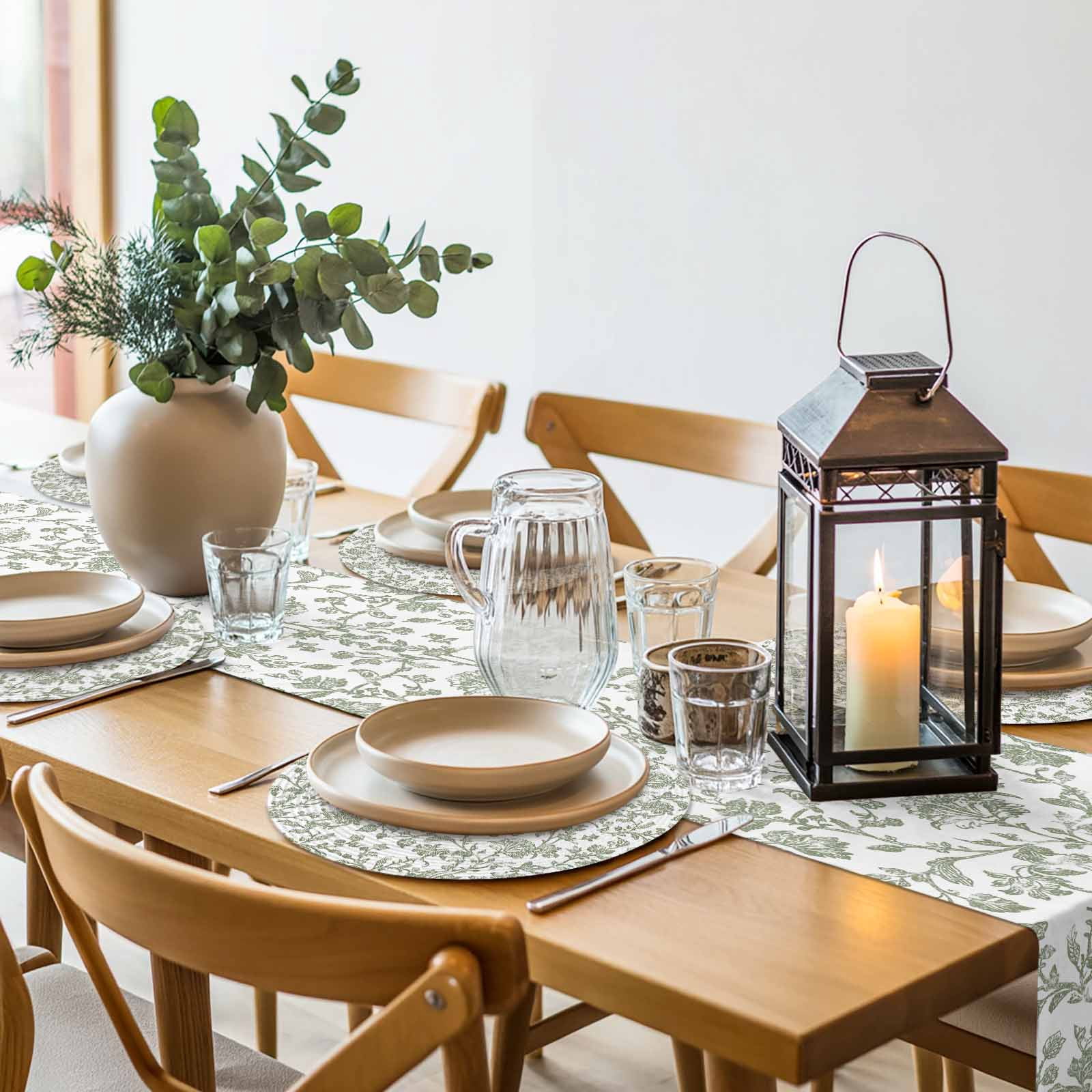 Sage Green Flower Round 13 Inch Placemats Set of 6, Vintage Farmhouse Boho Leaf Spring HeatResistant Non Slip Place Mats for Dining Table, Wipeable Braided Kitchen Table Mats for Housewarming