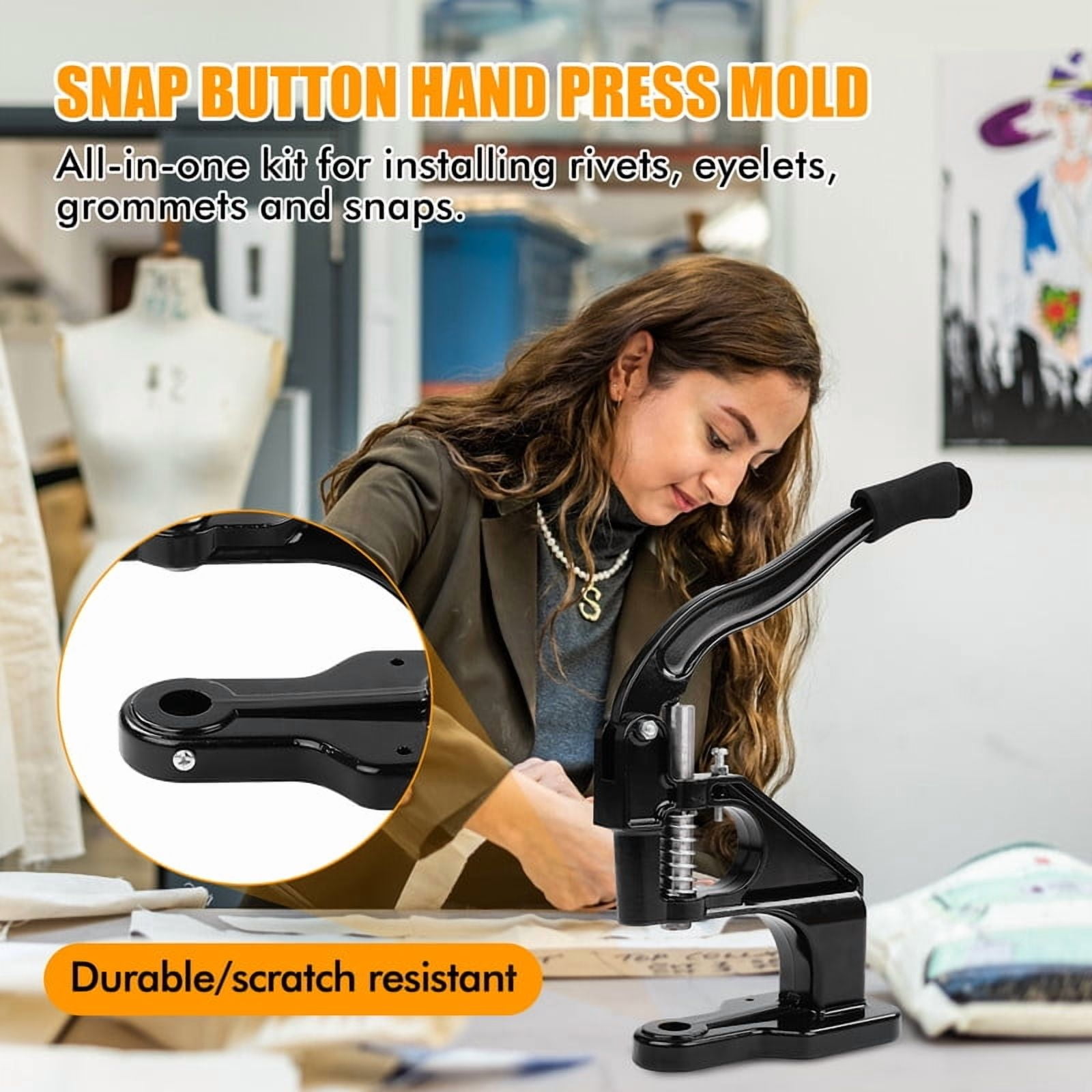 Heavy-duty Punching Machine Kit, Hand-pressed Punching Rivet Setting Tool, For Fabrics, Leather, Banners And DIY Projects, 3 Molds (6mm, 10mm, 12mm) And 3000 Gold And Silver Sealing Rings (Black)