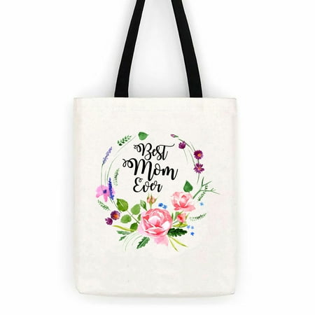 Best Mom Ever Floral Cotton Canvas Tote Bag Day Trip Bag Carry (Best Sunday Carry Bag)