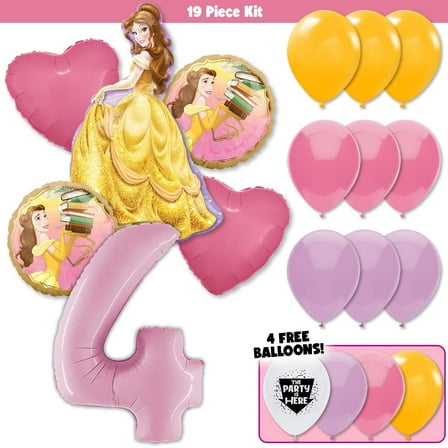 19pc Beauty & the Beast Party Decorations Balloons Kit - Belle's Colorful Pink Kids Birthday Party Supplies Decor - Includes JUMBO Pastel Pink Number 4 Age Balloon
