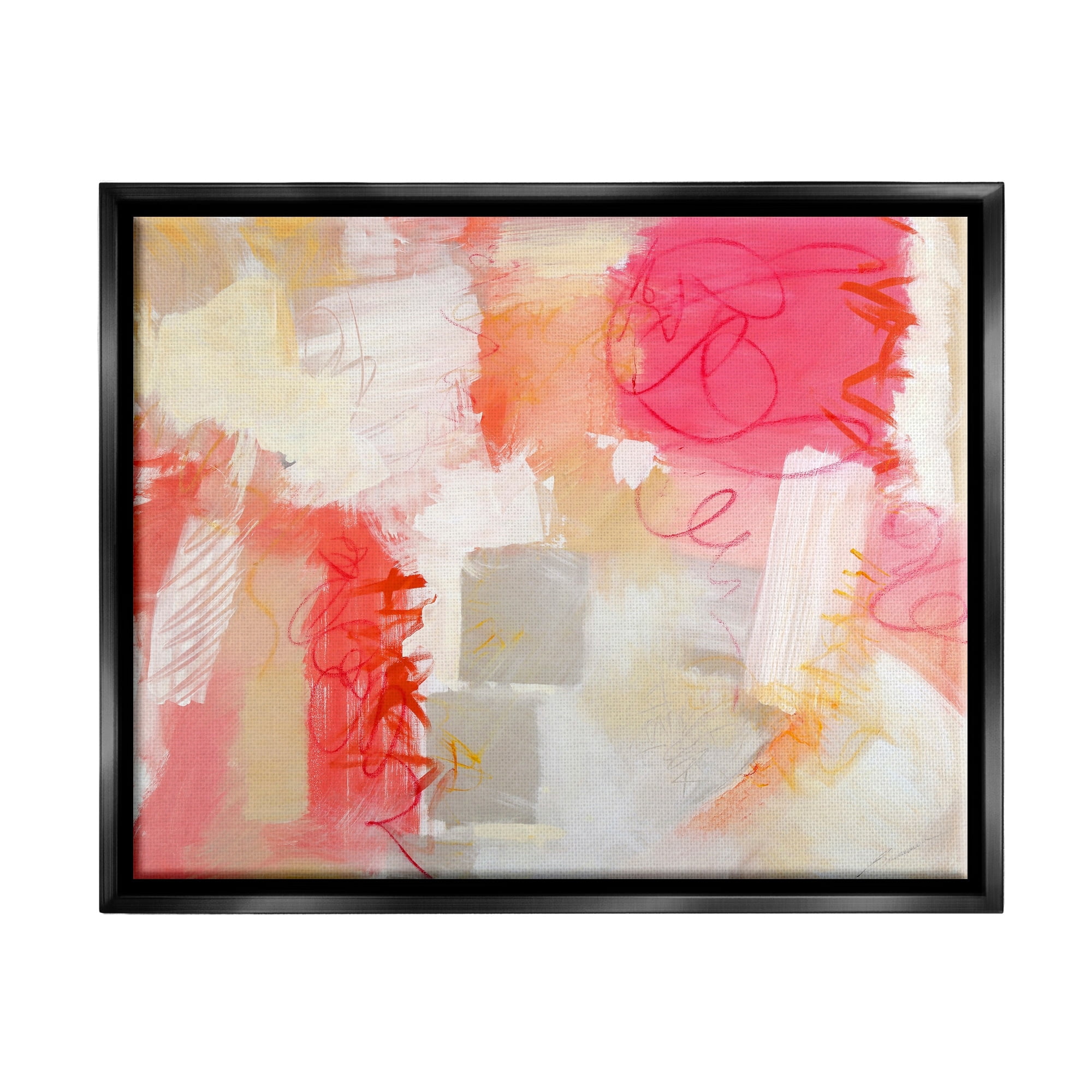 Stupell Industries Vivid Pink Geometric Shapes Scribble Doodle Lines Painting Metallic Gold Floating Framed Canvas Print Wall Art, Design by Beau Wild