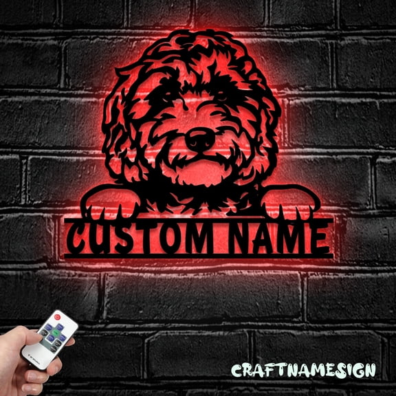 Craftnamesign Custom Golden Doodle Metal LED Light, Personalized Labradoodle Name Sign, Home Decor