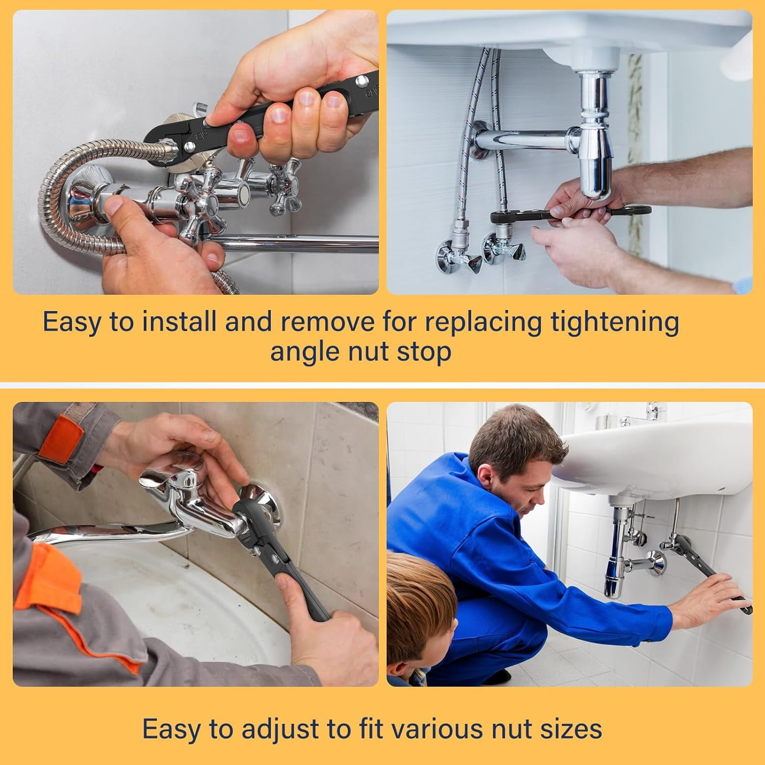 Plumbing Tools Angle Stop Wrench Kit Angle-On Adjustable Wrench for Professional Plumbers Black