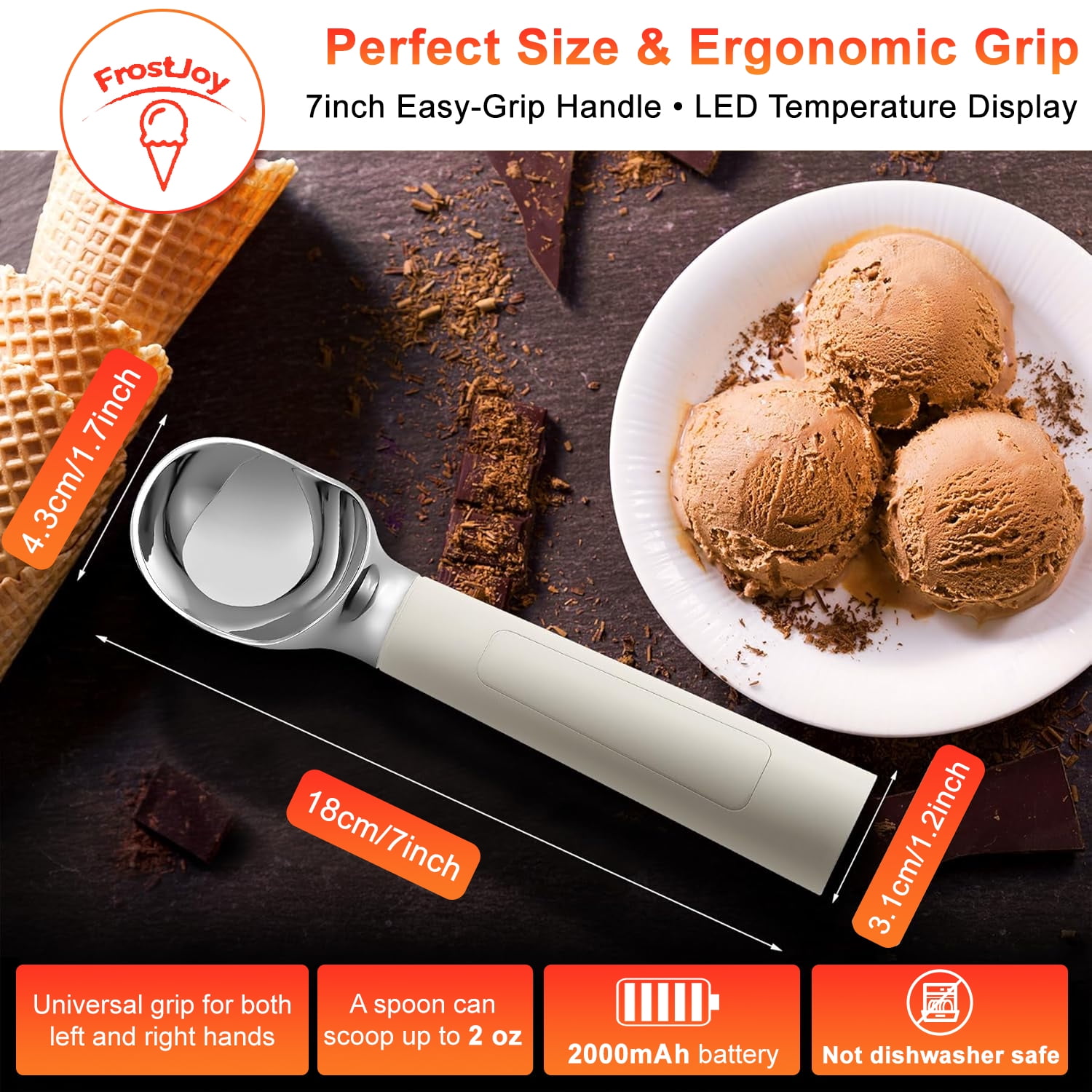 Henotian Heated Ice Cream Scoop, Rechargeable Electric Warming Scooper with LED Display, 158°F Fast Heating, Waterproof Easy Grip, USB-C Rechargeable Ice Cream Spoon, Easy Grip for Seniors/Kids