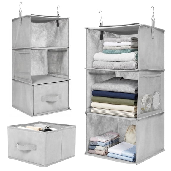 Hanging Closet Organizer with Drawers, 3-Tier Fabric Hanging Shelves Storage System for Clothes, Sweaters & Socks, Closet Organizers and Storage, 2-Pack