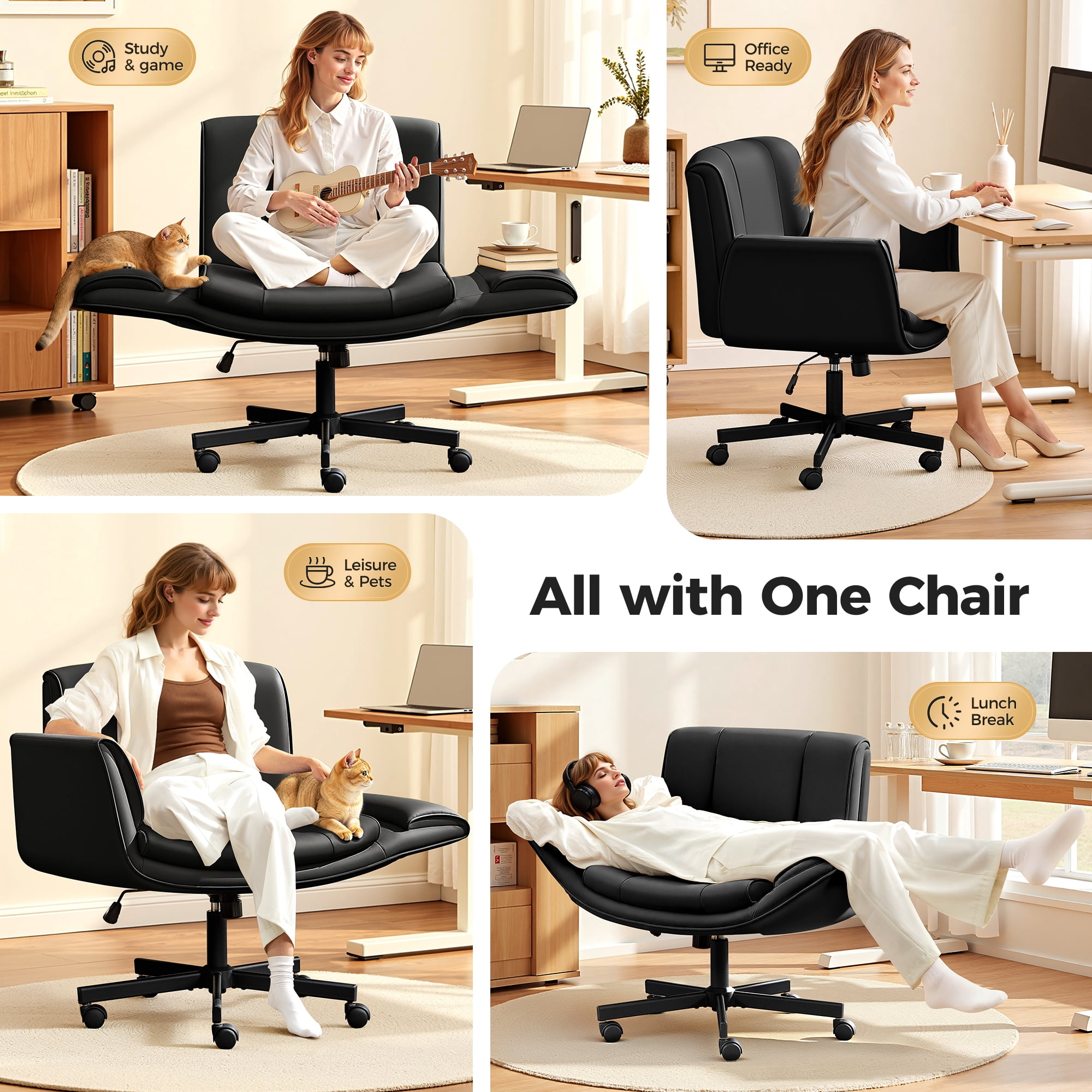 COOLHUT Criss Cross Office Chair, PU Leather Vanity Chair with Armrests and Wheels, Comfy Adjustable Swivel Ergonomic Criss Cross Chair for Home Office Bedroom Makeup, Black