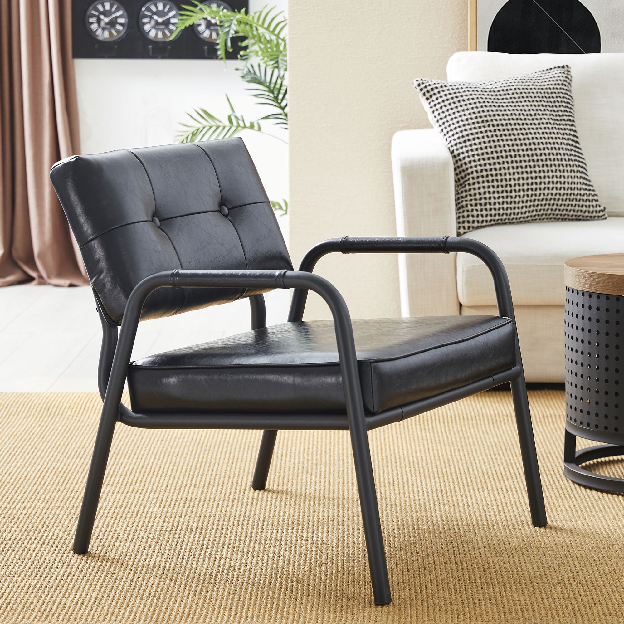 Black Leatherette Mid-Century Modern Metal Accent Chair