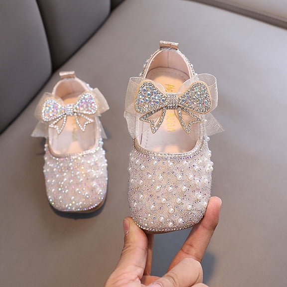 Girl Mary Jane Princess Shoes Bow Water Diamond Flat Shoes Wedding Party, Preschool and Middle aged Children