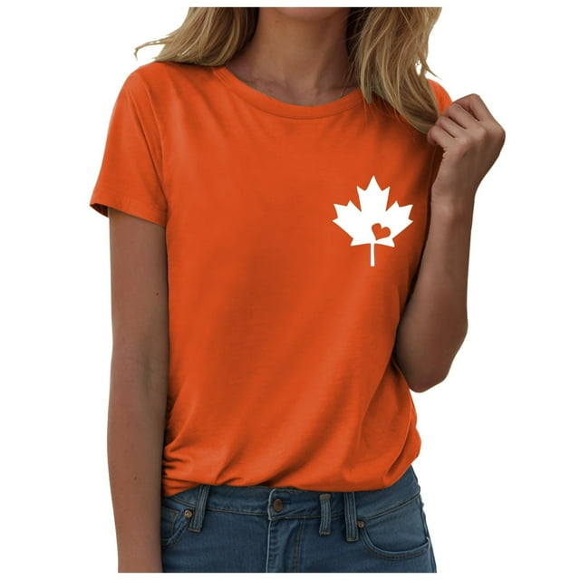 WEIYLL Womens T-Shirts Canada Maple Leaf Print Proud Statement Orange Tees Sizes XXL