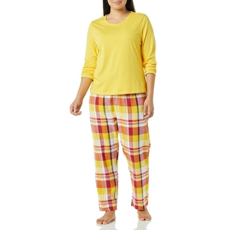 

AmeriMark Pajama Sets Women Cotton Knit Top Plaid/Holiday Flannel Lounge Pants Maize Large Petite