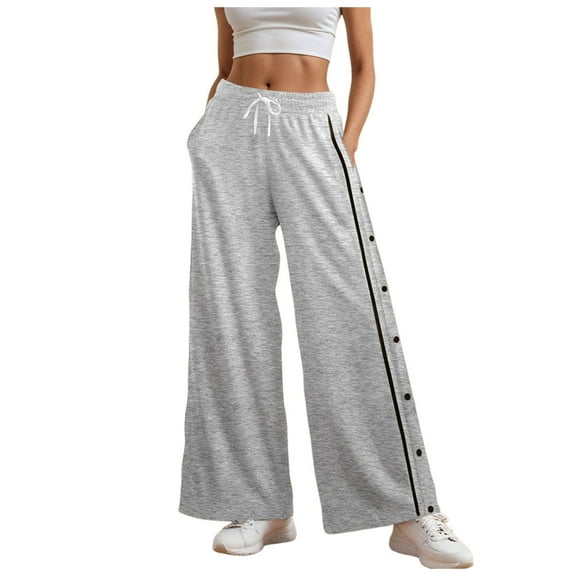 felwors Women's Split Snap Button Sweatpants High Elastic Waist Straight Leg Loose Pants Joggers Athletic Trousers Grey, XL