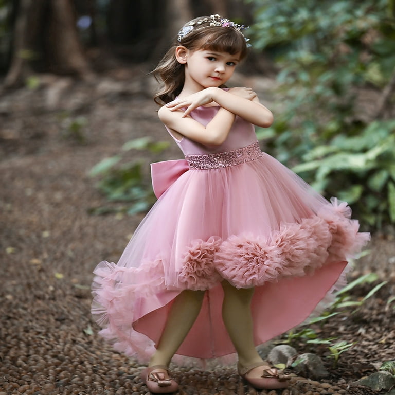 URMAGIC Little Big Girls Hi Low Flower Wedding Train Tutu Dress