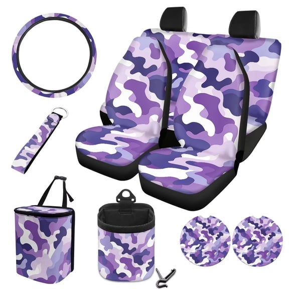 LedBack Camo Print Car Interior Covers Full Set for Women, Decorative Car Front Rear Seat Covers with Steering Wheel Cover Garbage Bag Air Vent Storage Pouch Cup Cushions Key Chain