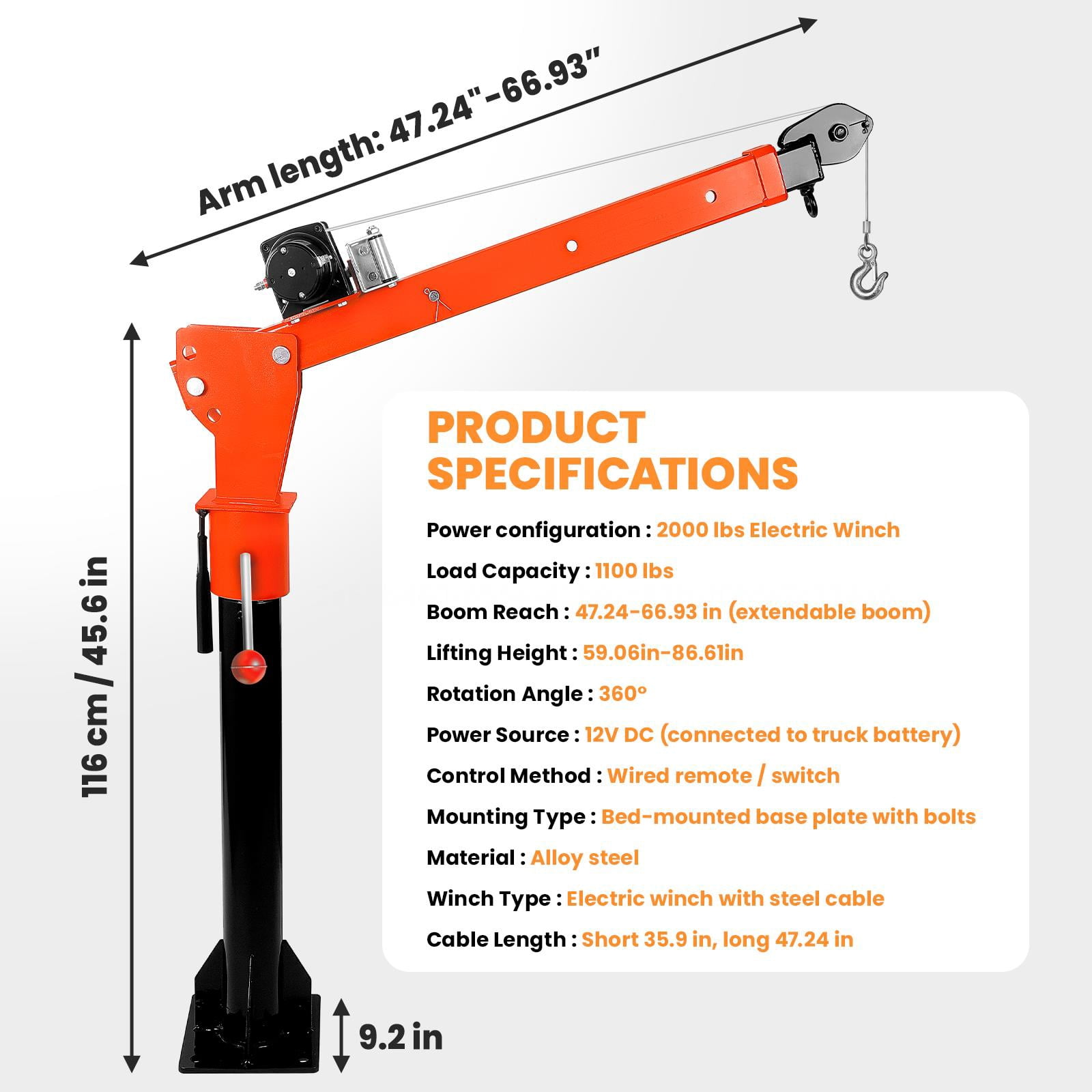 Muweixin Heavy Duty Single Arm Truck Crane, 12v Electric 2000lbs Capacity, Alloy Steel Adjustable Hoist for Outdoor Lifting, Vehicle Use