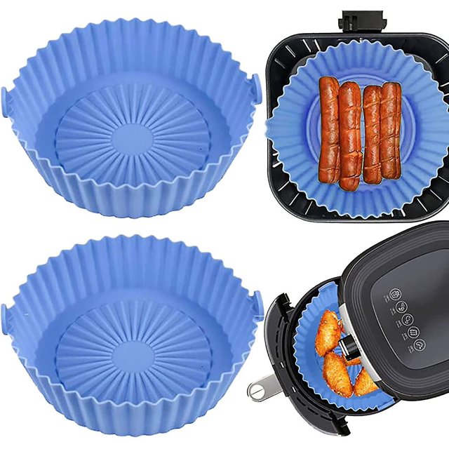 Recipiente de silicona reutilizable para freidora de aire, para hornear, asar, horno microondas (6,3 pulgadas, 2 azules)