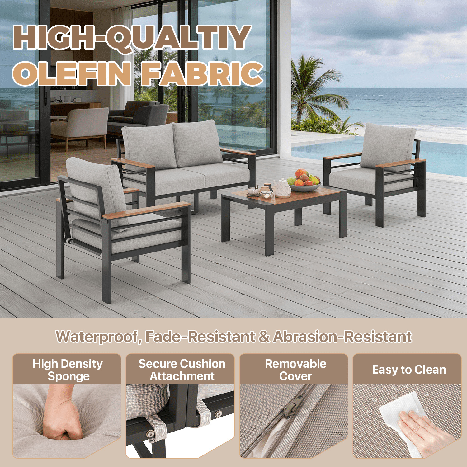 BaPiPro 4-Seats Outdoor Patio Conversation Set with Coffee Table & Cushions - Aluminum Frame Outdoor Furniture Set for Terrace, Garden, Poolside, Gray