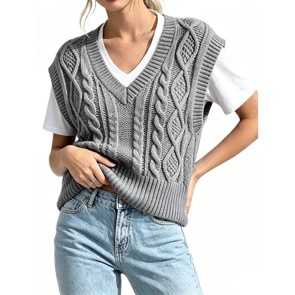 Women V Neck Sweater Vest Sleeveless Knit Solid Casual Ribbed Preppy Pullover Tops