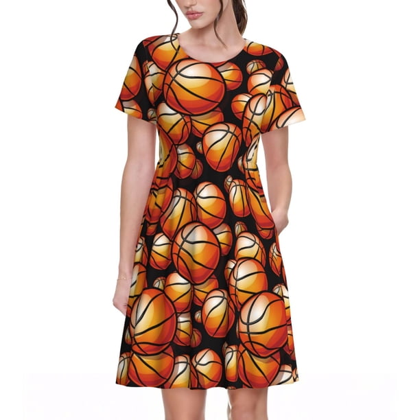 Fotbe Vintage Basketball Vestido Largo de Moda para Mujer, Vestido Tipo Camiseta con Manga Corta y Estilo Casual a Rayas y Bloques de Color