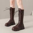 thumbnail image 2 of Gyexs Knee High Boots for Women Wide Calf Gothic Lace up Riding Boots Platform Heel Mid Calf Motorcycle Booties Brown & Size 8, 2 of 9