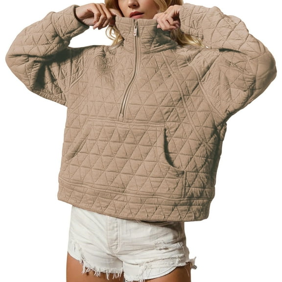 PUWEI Women's Quilted Puffer Jacket Warm Half-zip Pullover Lightweight Sweatshirt Oversize Outerwear
