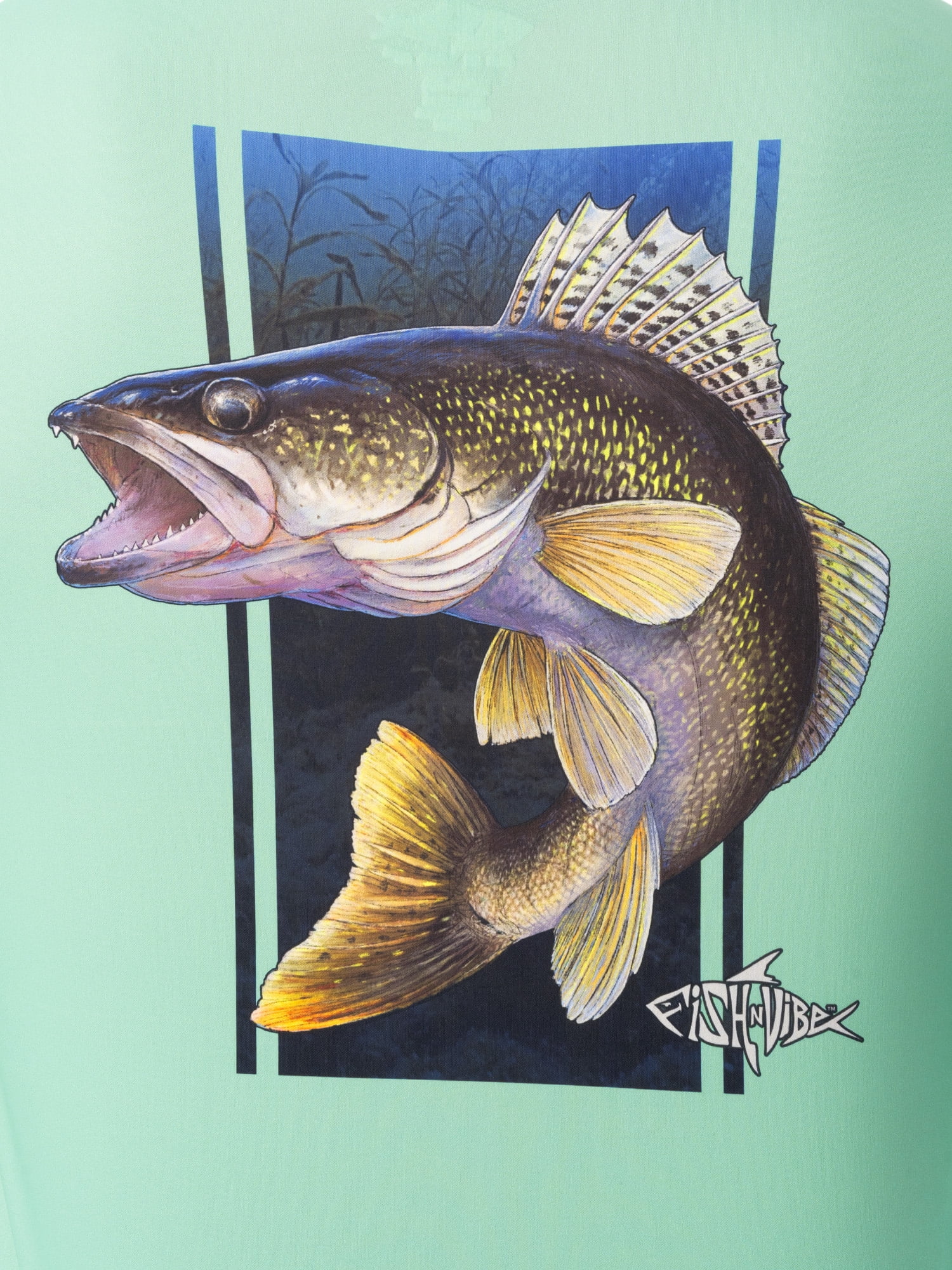 Fish N Vibe Men's Long Sleeve Performance Fishing Graphic Tee, Seafoam Walleye Pivot, XL