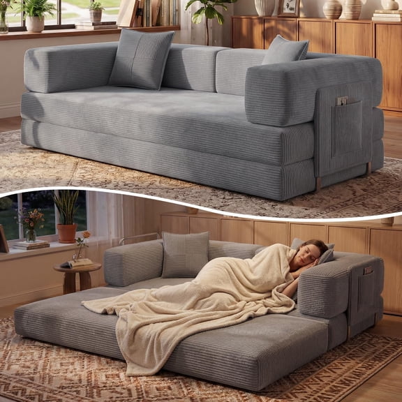 78.8" Convertible Sofa Bed, Corduroy Pull Out Couch with Storage Pocket, Folding Futon Sofa Bed, No Assembly Boneless Couch Bed Sleeper Sofa for Living Room Bedroom,Grey