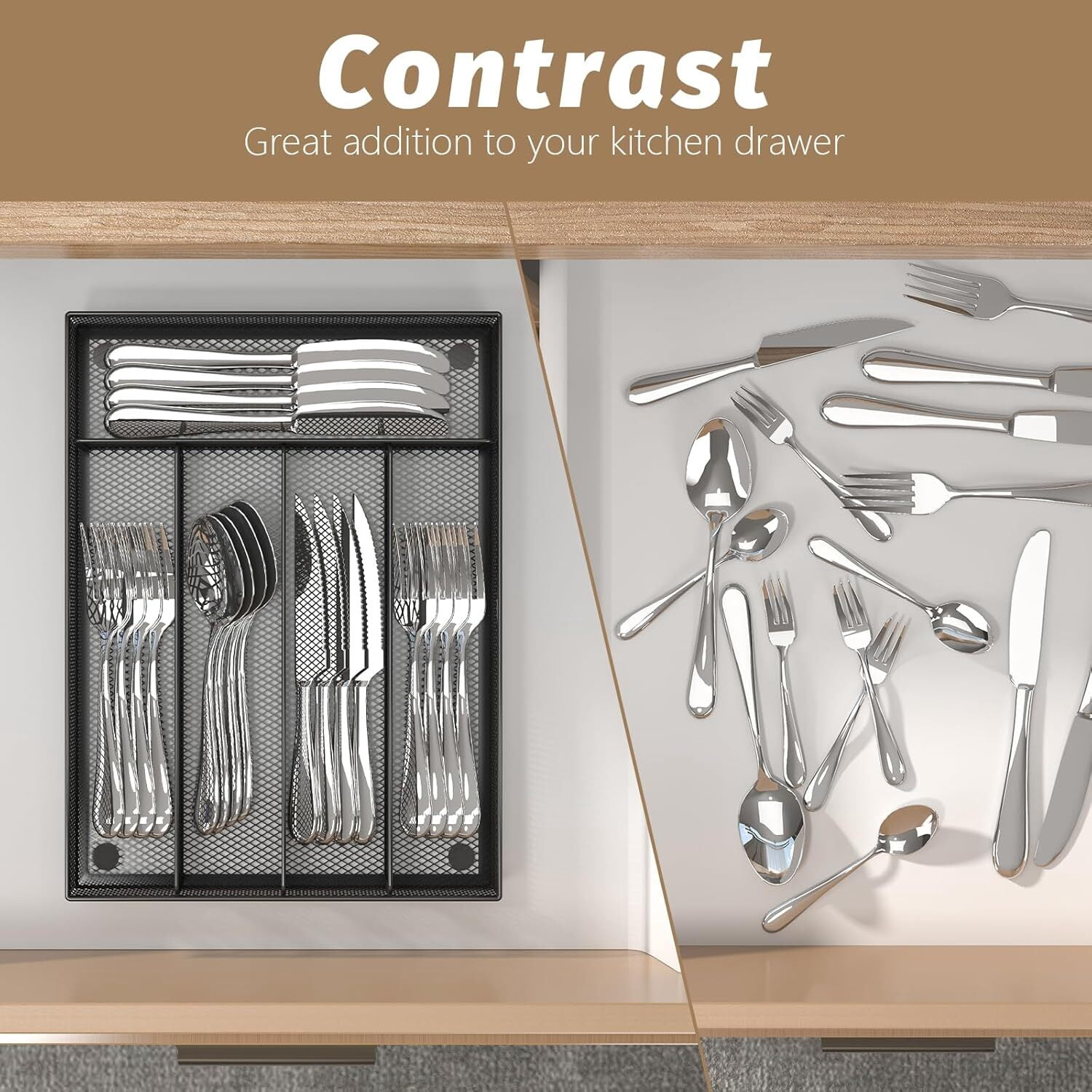 GoXteam Silverware Organizer, Kitchen Drawer Organizer Utensil Organizer Steel Silverware Holder Cutlery Organizer in Drawer Flatware Organizer Tray (5 slots, Black)