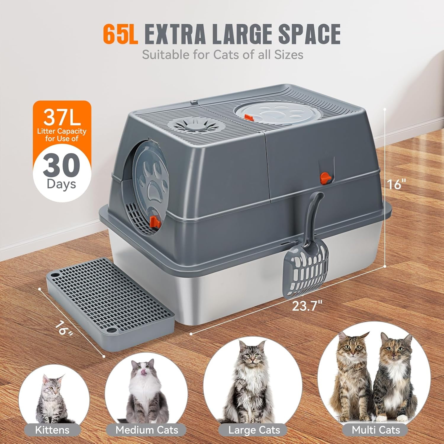 Stainless Steel Litter Box Enclosed, Stainless Steel Cat Litter Box with Flip-Top Lid, Front Entry Top Exit, Easy to Clean & Assemble - Dark Grey