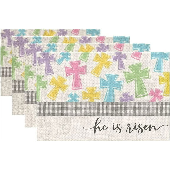 SPXUBZ Easter Placemats, Black and White Plaid Colorful Cross He is Risen 18x12 Inch Placemats for Family Table Holiday Decoration Placemat Set of 4