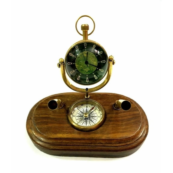 Nautical Collectibles Desk Clock, Pen Holder, Wooden Base