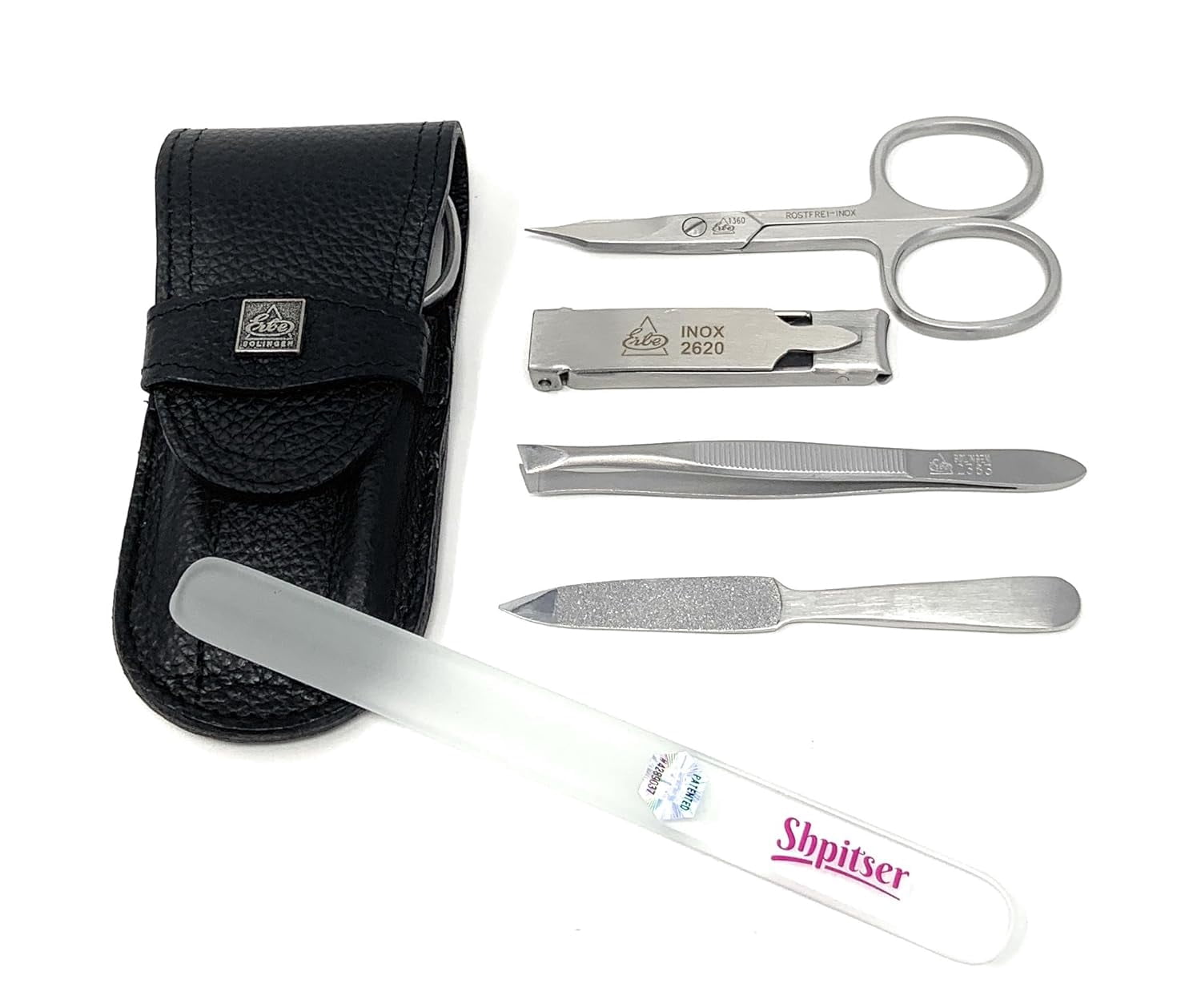 Erbe Solingen 4 pcs Surgical Stainless Steel German Manicure Set Grooming Kit In Luxury Genuine Leather Case Made in Solingen Germany With BONUS: SHPITSER Crystal glass Nail File
