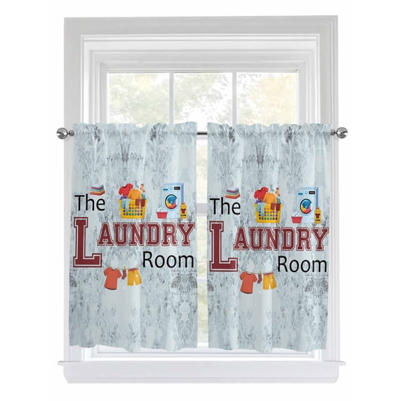 Tier Curtains 45 Inches Long, Laundry Room Window Treatment Curtain Drapes, Blue Cartoon Washing Machine Clothes Window Half Privacy Curtains for Bedroom Bathroom, 42"x45", 2 Panels