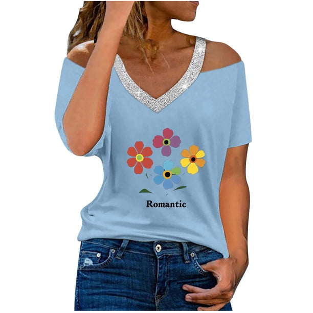 Camisetas Casuales para Mujeres Correa de Hombro de Verano Camiseta con Cuello en V, Manga Corta Top Ligero para el Hogar Y la Fiesta