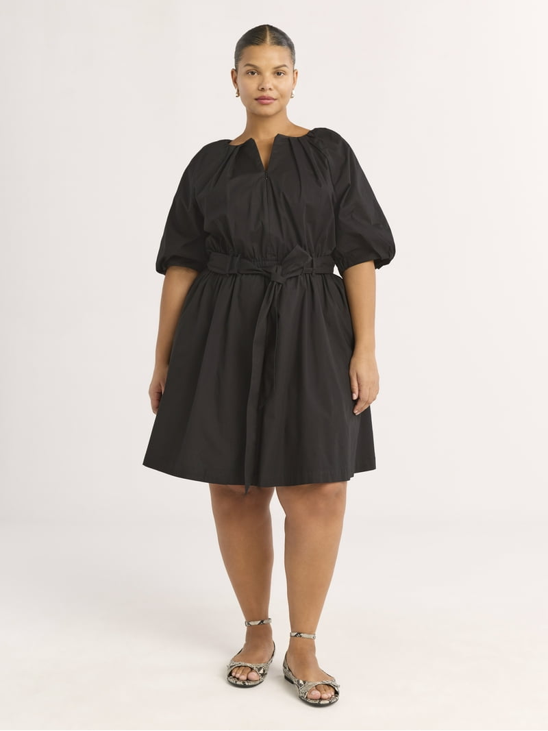 Scoop Women's Cotton Poplin Mini Dress with Puff Sleeves Belted and Fit and  Flare Silhouette - Walmart.com