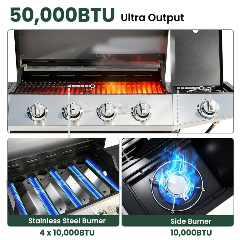 Seizeen 4-Burner Propane Gas Grill, 51,000BTU Outdoor BBQ Griddle