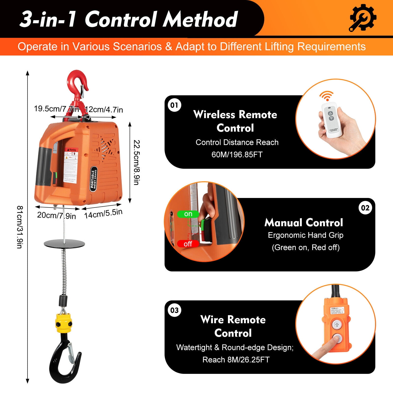 1500W 660 lbs Electric Hoist Winch Engine Crane Overhead Lifting Wireless Remote Orange for Gardens, Forests