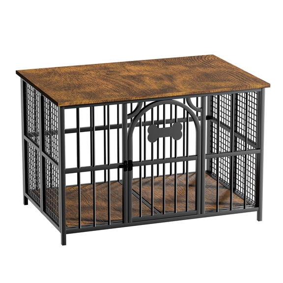 LEVELEVE 32 Inch Foldable Dog Crate Furniture for Medium Dogs, Heavy Duty Wooden Metal Dog Kennel Indoor with Storage Top and Removable Tray