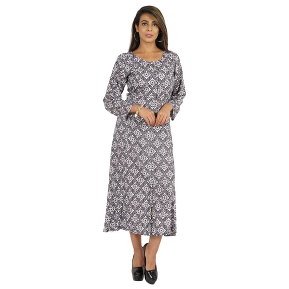 Bimba Printed Maxi Dress For Women Front Button Placket Ethnic Dress Casual Rayon Dresses