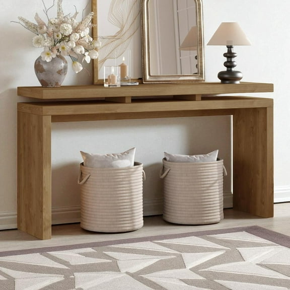 GZXS Farmhouse Console Table with Double Board Suspension Design, Antique Brown Entryway Table with Solid Wood Frame & MDF Shelves - 59.8"L x 14.96"W x 31.69"H