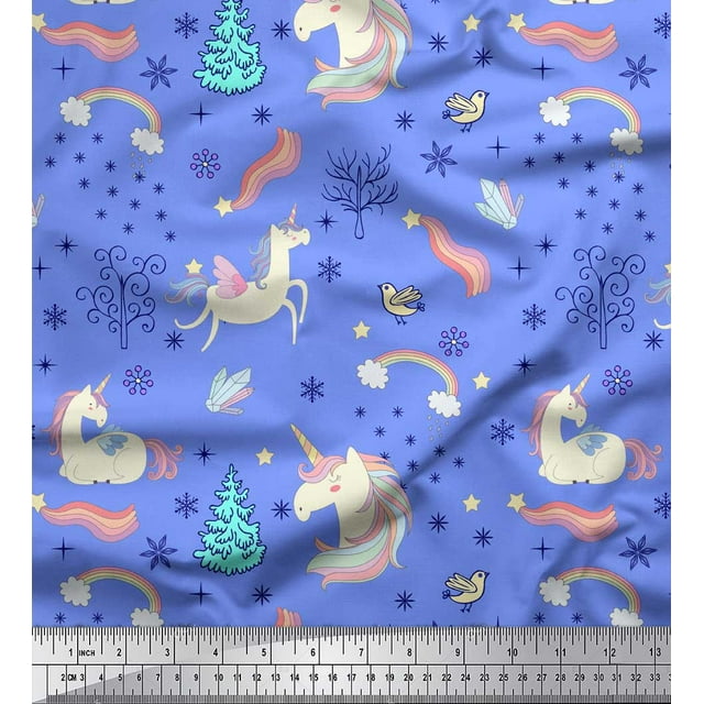Soimoi Blue Poly Georgette Fabric Unicorn & Rainbow Nature Print Fabric by the Yard 52 Inch Wide