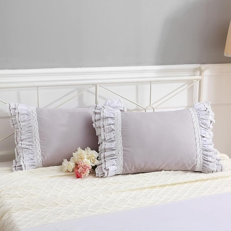 Gray Pillow Shams with Lace Ruffles Shabby Chic Cotton Queen Size Grey Pillowcases 20"x 30" 2-Pack