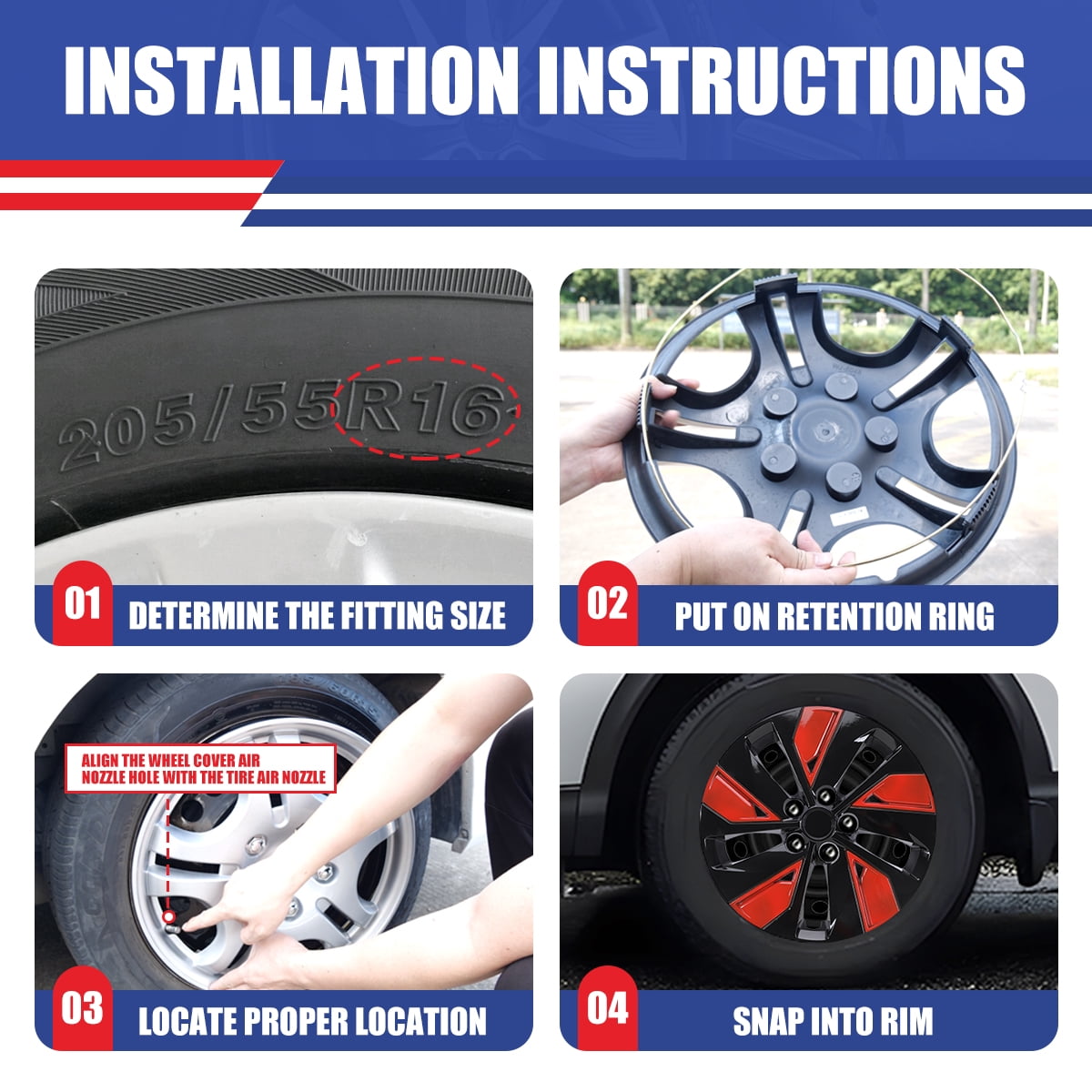 16" Hubcaps for 2019-2025 Nissan Altima,Snap on Design Set of 4 Wheel Rim Covers Compatible with Steel Wheels,ABS+PC Hubcaps,Black Lacquer & Red Lacquer