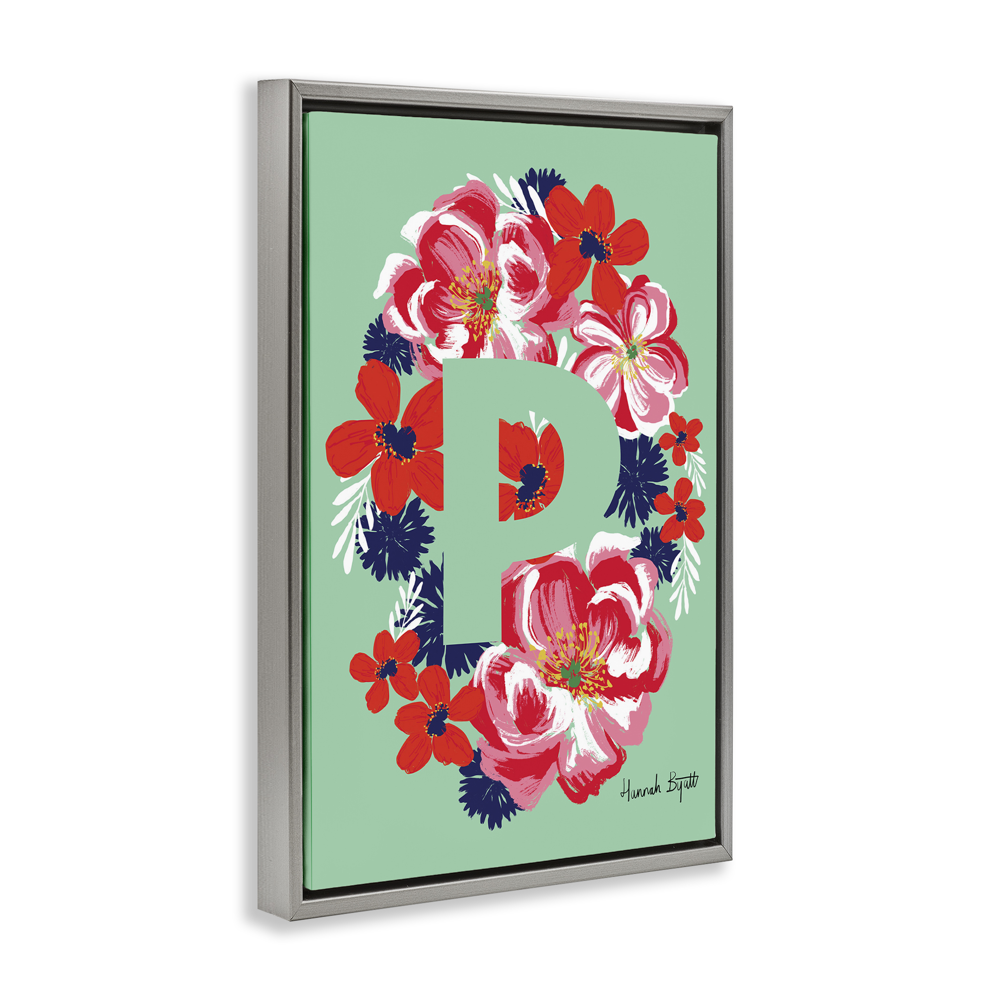 Stupell Industries Floral Bloom Letter P Botanical & Floral Painting Gray Floater Framed Art Print Wall Art, 17 x 25