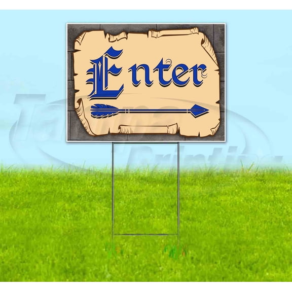 Medieval Fair Enter Right Arrow Blue Scroll (18" X 24") Yard Sign, Includes Metal Step Stake