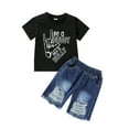 thumbnail image 1 of xiaxaixu Infant Boy Summer Clothes Suits Letter Print Short Sleeve Crew Neck T-Shirts Ripped Denim Shorts/Plaid Shorts 2Pcs Set, 1 of 9