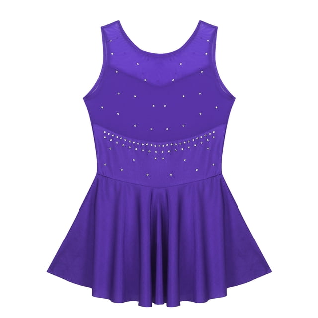 Yeahdor Robe Sans Manches en Strass pour Filles, Patinage Artistique, Danse de Ballet, Gym, Justaucorps avec Jupe Violet 8
